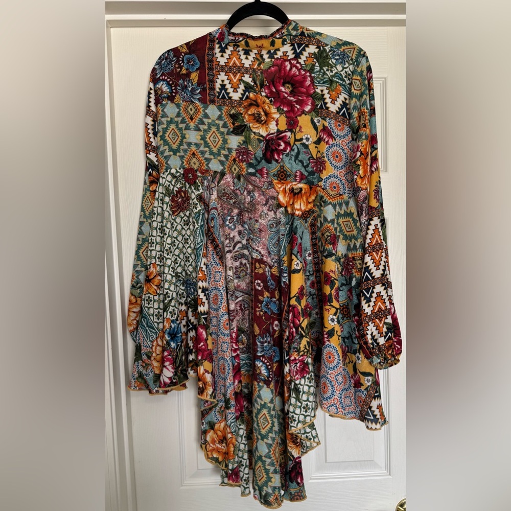 Floral Patchwork Hi-Low Blouse with Tie Neck - Picture 2 of 2